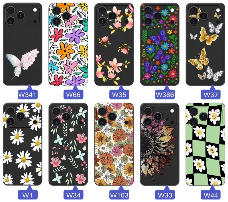 Etui wiosenne iPhone 17 Pro Max różnorodne motywy kwiatowe i naturalne na czarnym tle