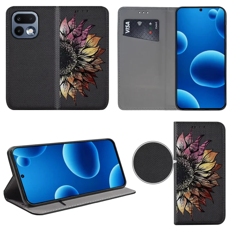 Etui książkowe do Realme 16 Pro 5G z kwiatem, widok przodu i tyłu, kieszonka na kartę oraz funkcja podstawki