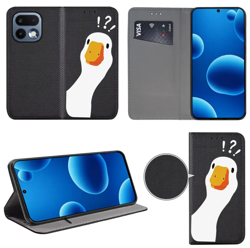 Etui książkowe do Realme 16 Pro 5G z gąską, widok przodu i tyłu, kieszonka na kartę oraz funkcja podstawki