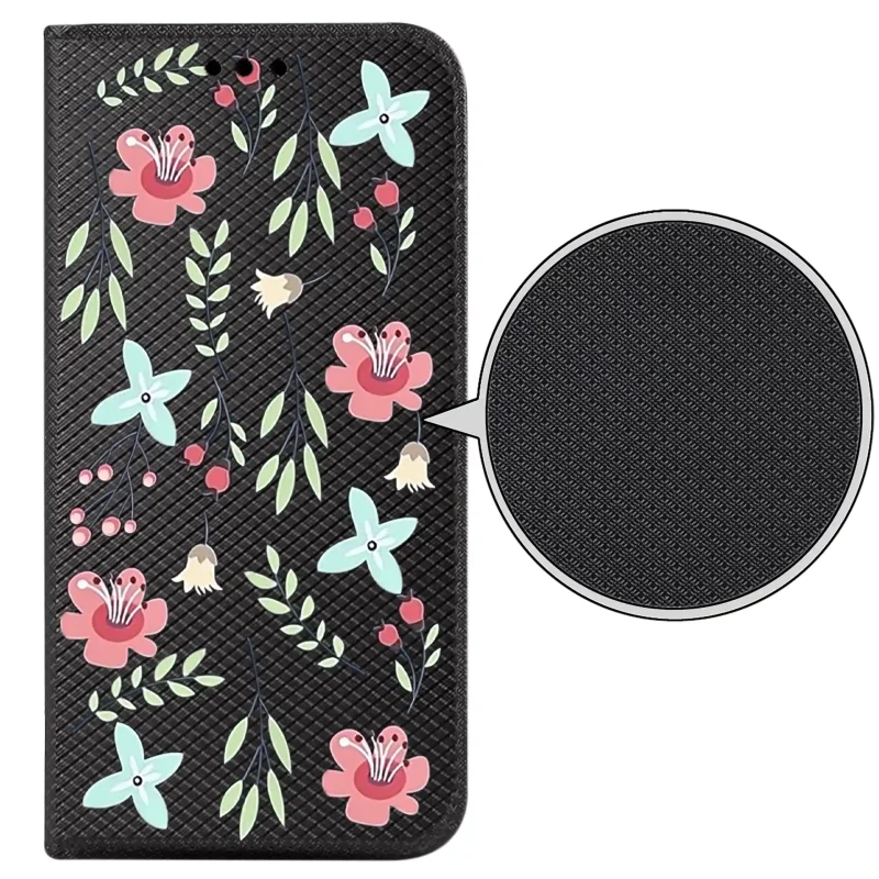 Futerał z klapką do Realme 16 Pro 5G z motywem damskim, zbliżenie na strukturę materiału i trwały, kontrastowy nadruk