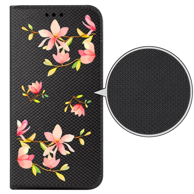 Futerał z klapką do Realme 16 Pro 5G z motywem kobiecym, zbliżenie na strukturę materiału i trwały, kontrastowy nadruk