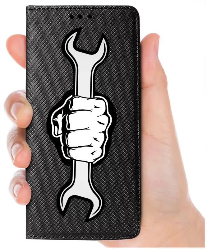 Etui zamykane do Realme 16 Pro 5G z motywem męskim, trzymane w dłoni, wyrazisty nadruk