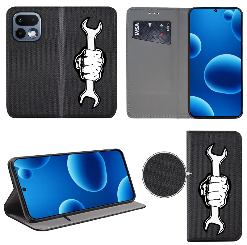 Etui książkowe do Realme 16 Pro 5G z męskim wzorem, widok przodu i tyłu, kieszonka na kartę oraz funkcja podstawki