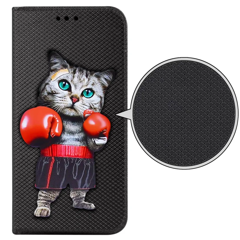 Futerał z klapką do Realme 16 Pro 5G z wzorem kota, zbliżenie na strukturę materiału i trwały, kontrastowy nadruk