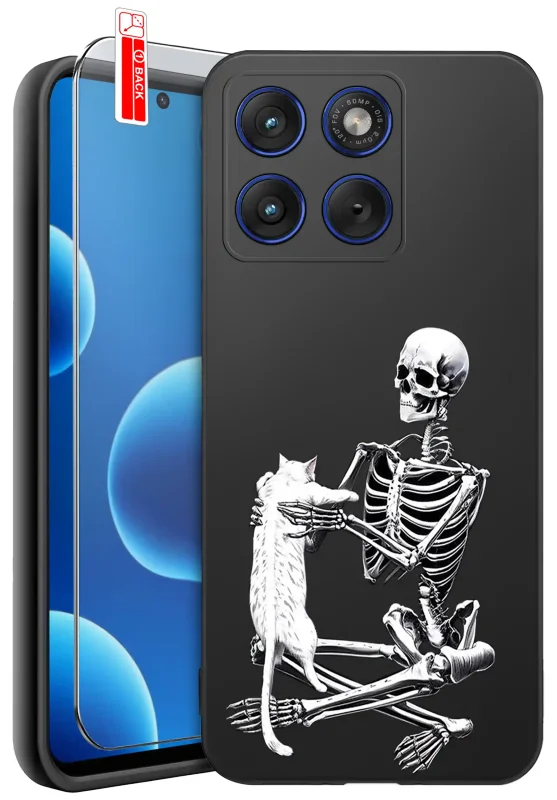 Etui halloweenowe do Motorola Edge 70 z grafiką szkieletu trzymającego kota i szkło hartowane 9H w zestawie