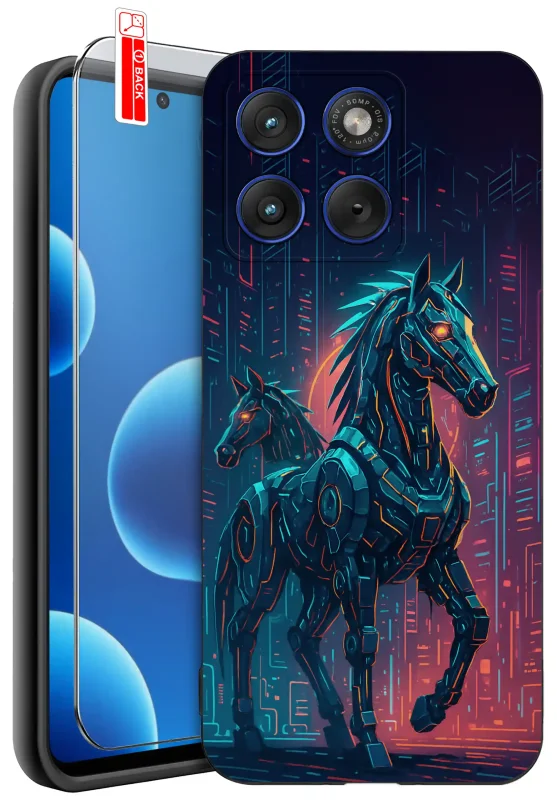 Etui z koniem do Motorola Edge 70 z futurystyczną grafiką mechanicznych koni w neonowej scenerii oraz szkło hartowane 9H w zestawie