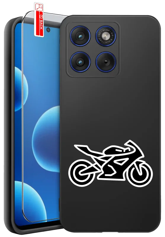 Etui z motywem motoryzacyjnym do Motorola Edge 70 z białą grafiką motocykla oraz szkło hartowane 9H w zestawie