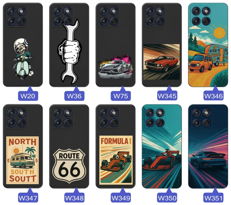 Kolekcja etui do Motorola Edge 70 z motywami samochodów, motocykli, Formuły 1, Route 66 i klasycznych aut