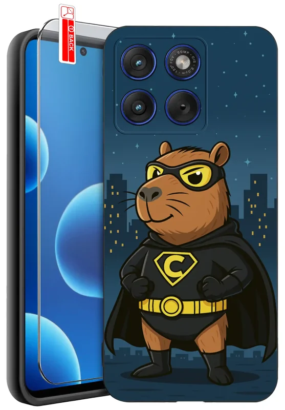 Etui z kapibarą do Motorola Edge 70 z grafiką kapibary w stroju superbohatera na nocnym tle miasta oraz szkło hartowane 9H w zestawie