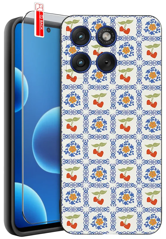 Etui z owocami do Motorola Edge 70 z kolorowym wzorem wiśni i ozdobnych niebieskich ornamentów oraz szkło hartowane 9H w zestawie
