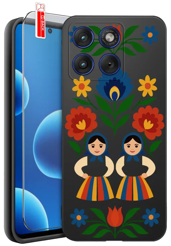 Etui ludowe do Motorola Edge 70 z folkowym wzorem kwiatów i postaci w strojach ludowych oraz szkło hartowane 9H w zestawie