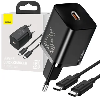 Szybka ładowarka sieciowa Baseus USB-C 25W czarna z kablem typ-C