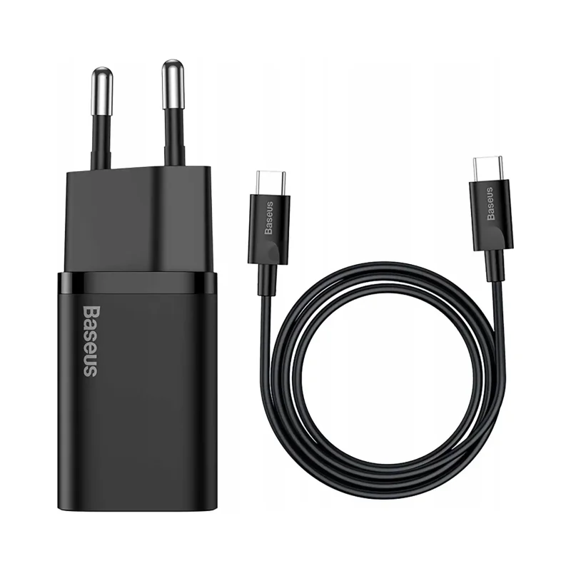 Czarna ładowarka sieciowa Baseus USB-C 25W z dołączonym kablem Type-C do szybkiego ładowania urządzeń