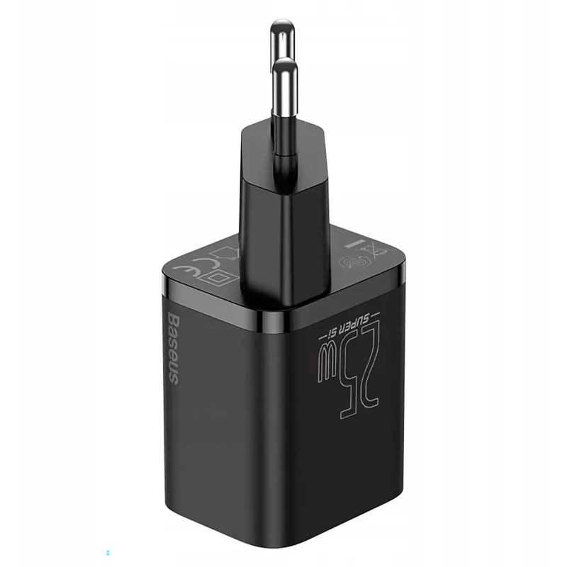 Czarna ładowarka sieciowa Baseus USB-C 25W Super Si z widoczną wtyczką i oznaczeniami na obudowie