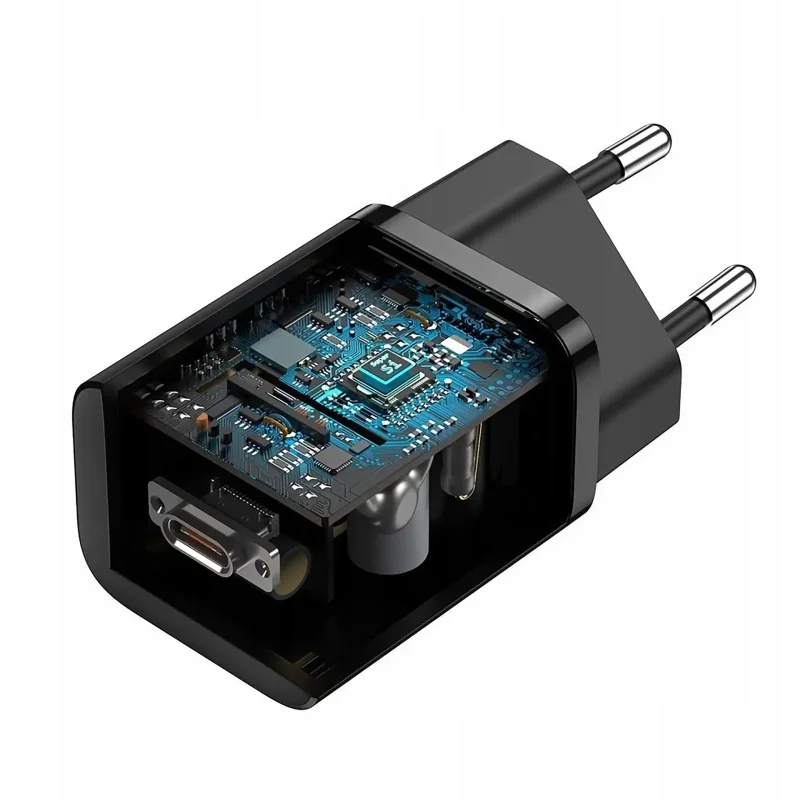 Ładowarka Baseus USB-C 25W Super Si z widocznym układem elektronicznym i zabezpieczeniami wewnątrz obudowy