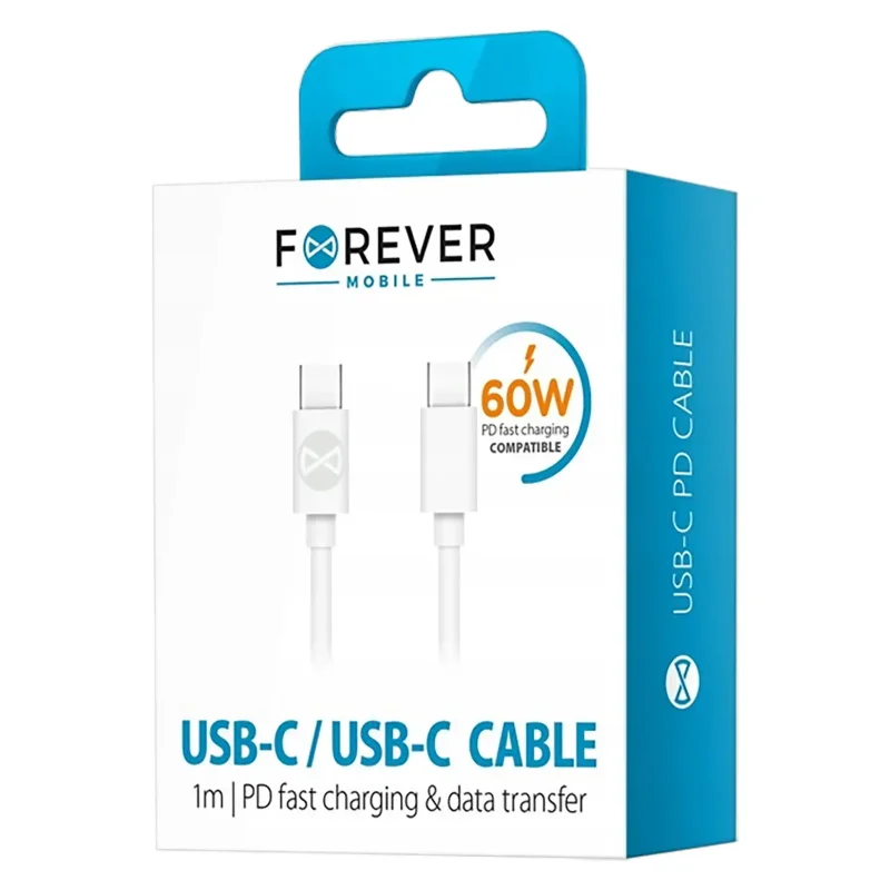 Opakowanie kabla Forever USB-C - USB-C 1m 60W z informacją o szybkim ładowaniu PD i transferze danych
