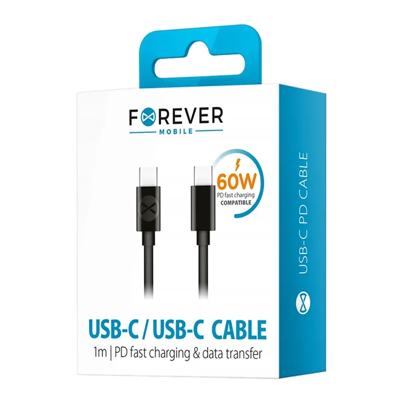Opakowanie kabla Forever USB-C - USB-C 1m 60W z informacją o szybkim ładowaniu i przesyłaniu danych