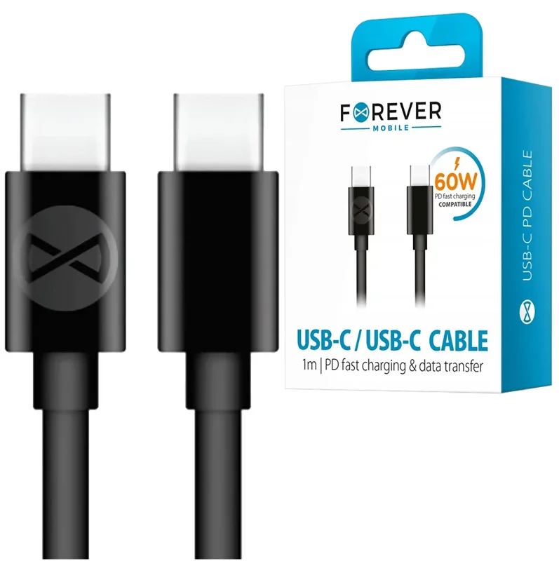 Czarny kabel Forever USB-C - USB-C 1m 60W z opakowaniem i oznaczeniem szybkiego ładowania PD