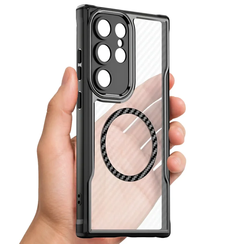Magnetyczne etui Carbon do Samsung Galaxy S25 Ultra z przezroczystymi pleckami - widok etui w dłoni
