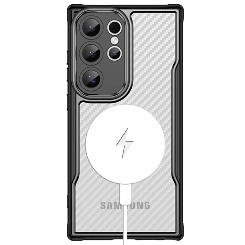 Samsung Galaxy S25 Ultra w etui magnetycznym MagSafe z karbonowym wzorem, kompatybilne z ładowarką bezprzewodową