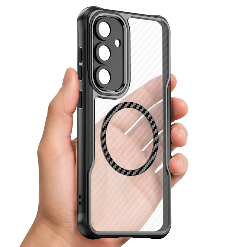 Magnetyczne etui Carbon do Samsung Galaxy S25+ Plus z przezroczystymi pleckami - widok etui w dłoni