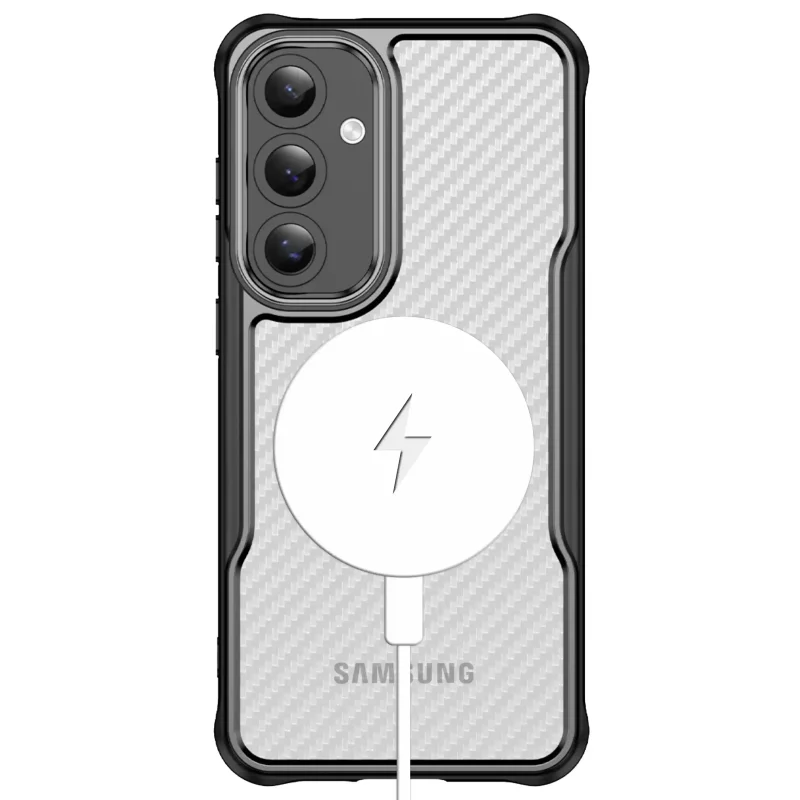Samsung Galaxy S25+ Plus w etui magnetycznym MagSafe z karbonowym wzorem, kompatybilne z ładowarką bezprzewodową