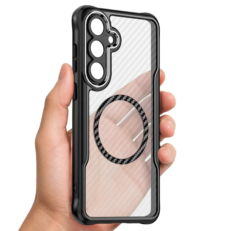 Magnetyczne etui Carbon do Samsung Galaxy S25 z przezroczystymi pleckami - widok etui w dłoni