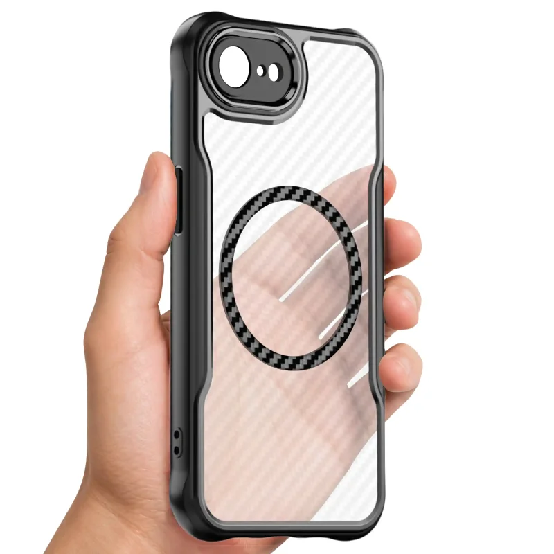 Magnetyczne etui Carbon do iPhone 16e / 17e z przezroczystymi pleckami - widok etui w dłoni