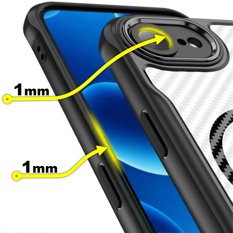 Etui MagSafe Carbon do iPhone 16e / 17e z podwyższonymi rantami 1 mm przy ekranie i aparacie
