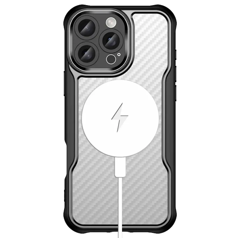 iPhone 16 Pro Max w etui magnetycznym MagSafe z karbonowym wzorem, kompatybilne z ładowarką bezprzewodową