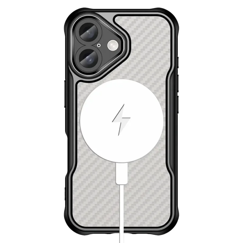 iPhone 16 w etui magnetycznym MagSafe z karbonowym wzorem, kompatybilne z ładowarką bezprzewodową