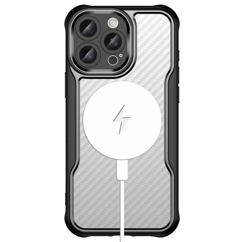 iPhone 15 Pro Max w etui magnetycznym MagSafe z karbonowym wzorem, kompatybilne z ładowarką bezprzewodową