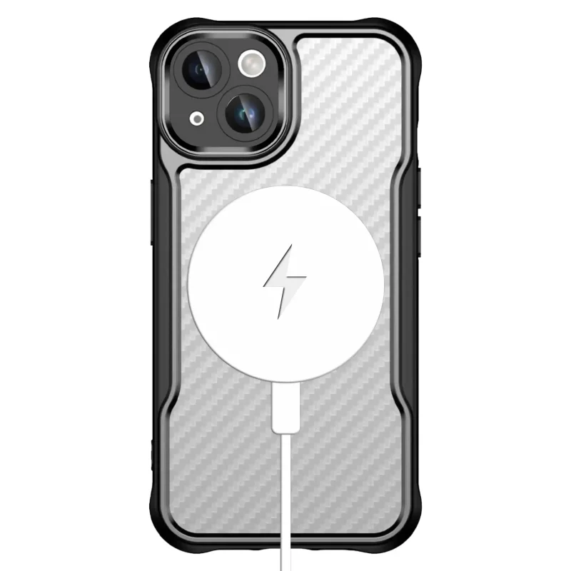 iPhone 13 w etui magnetycznym MagSafe z karbonowym wzorem, kompatybilne z ładowarką bezprzewodową