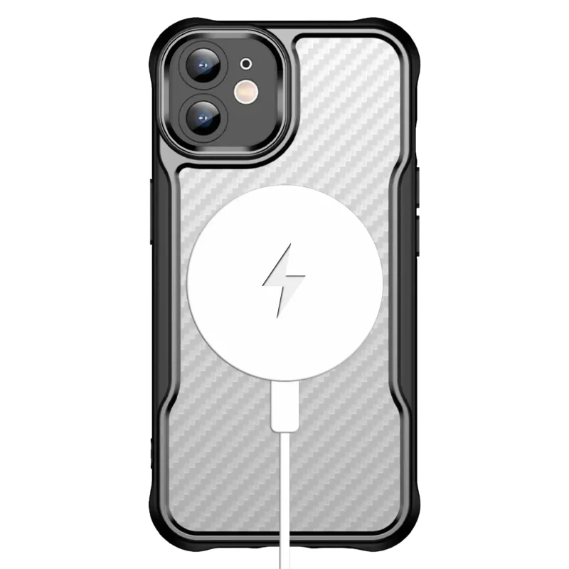 iPhone 11 w etui magnetycznym MagSafe z karbonowym wzorem, kompatybilne z ładowarką bezprzewodową