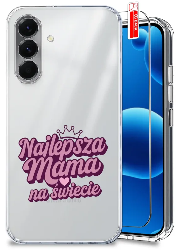 Etui dla Mamy do Samsung Galaxy A56 5G przezroczyste z napisem Najlepsza Mama na świecie oraz szkło hartowane w zestawie