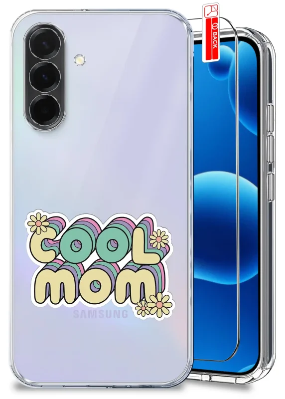 Etui dla Mamy do Samsung Galaxy A36 / A37 5G przezroczyste z napisem COOL MOM oraz szkło hartowane w zestawie