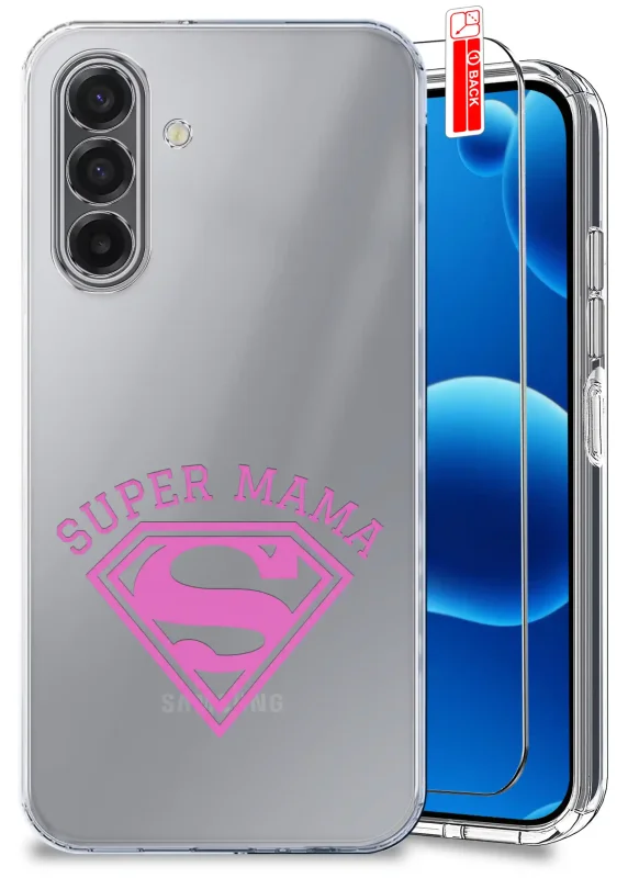 Etui dla Mamy do Samsung Galaxy A17 5G przezroczyste z różowym napisem SUPER MAMA oraz szkło hartowane w zestawie