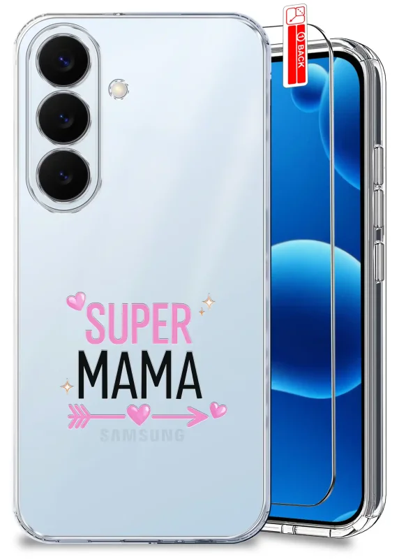 Etui dla Mamy do Samsung Galaxy S26 przezroczyste z napisem Super Mama oraz szkło hartowane w zestawie