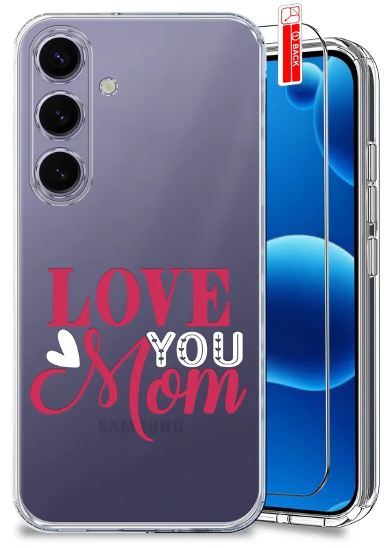 Etui dla Mamy do Samsung Galaxy S24+ Plus przezroczyste z napisem Love You Mom oraz szkło hartowane w zestawie