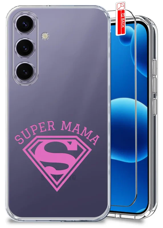 Etui dla Mamy do Samsung Galaxy S24 przezroczyste z różowym napisem Super Mama oraz szkło hartowane w zestawie