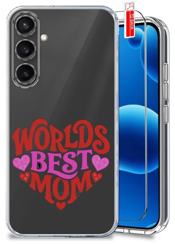 Etui dla Mamy do Samsung Galaxy S23 FE przezroczyste z różowo-czerwonym napisem Worlds Best Mom oraz szkło hartowane w zestawie