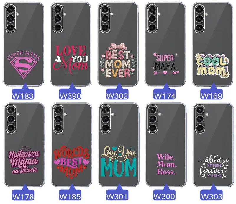 Kolekcja wzorów etui dla Mamy do Samsung Galaxy S23 FE: napisy Super Mama, Najlepsza Mama na świecie, best mom ever, cool mom, I love you mom