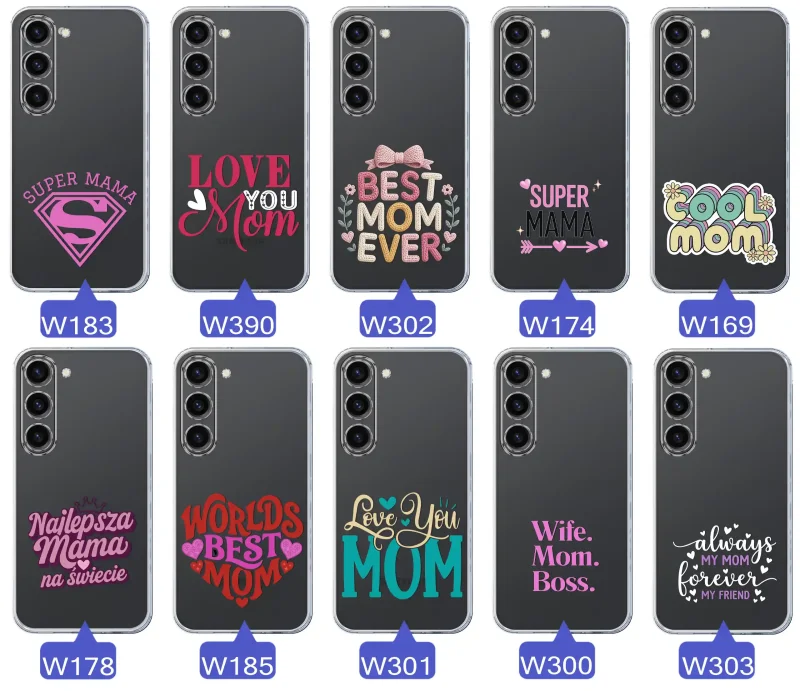 Transparentne etui na Dzień Mamy do Samsung Galaxy S23 trzymane w dłoni, z trwałym nadrukiem Best Mom Ever