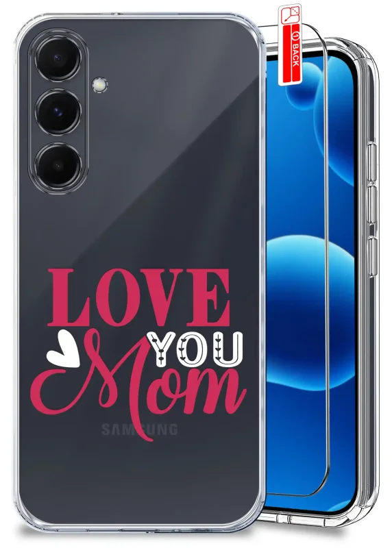 Etui dla Mamy do Samsung Galaxy A55 5G przezroczyste z napisem Love You Mom oraz szkło hartowane w zestawie