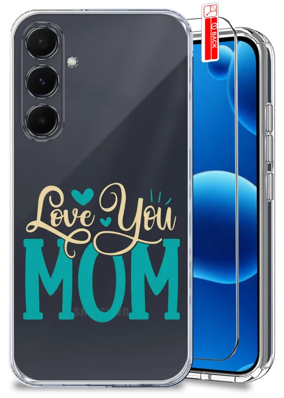 Etui dla Mamy do Samsung Galaxy A54 5G przezroczyste z napisem Love You Mom oraz szkło hartowane w zestawie