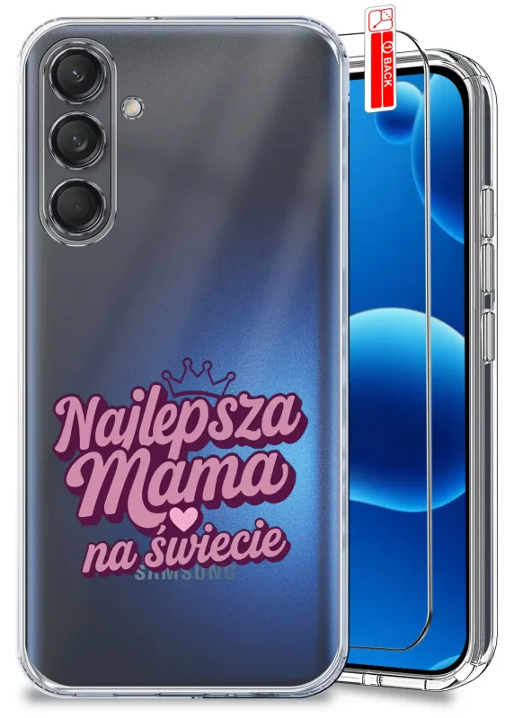 Etui dla Mamy do Samsung Galaxy M55 5G przezroczyste z napisem Najlepsza Mama na świecie oraz szkło hartowane w zestawie