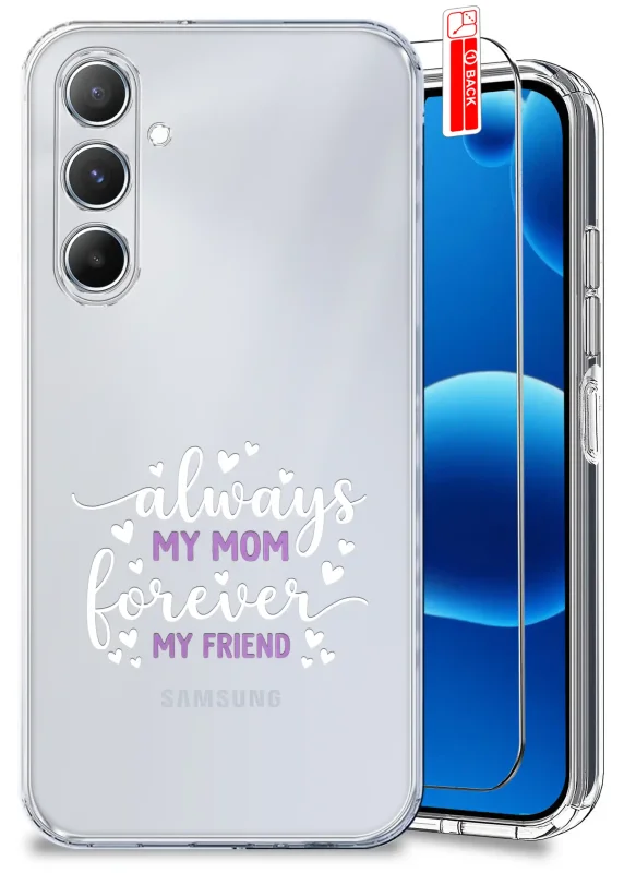 Etui dla Mamy do Samsung Galaxy A25 5G przezroczyste z napisem always my mom forever my friend oraz szkło hartowane w zestawie