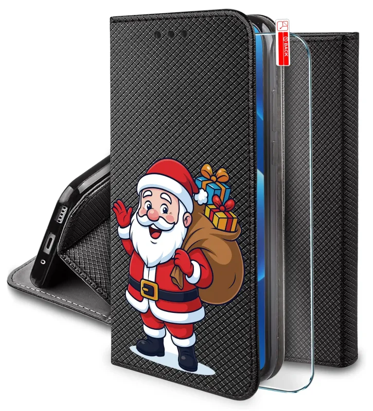 Świąteczne etui z klapką do Samsung Galaxy S25 FE ze Świętym Mikołajem oraz szkło hartowane w zestawie