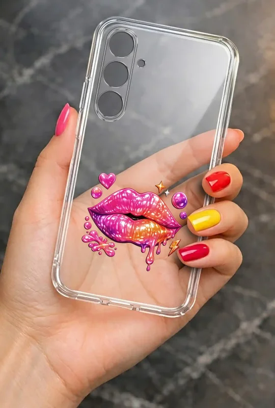Modne etui do Samsung Galaxy A56 5G ze stylowym wzorem różowych ust, trzymane w dłoni