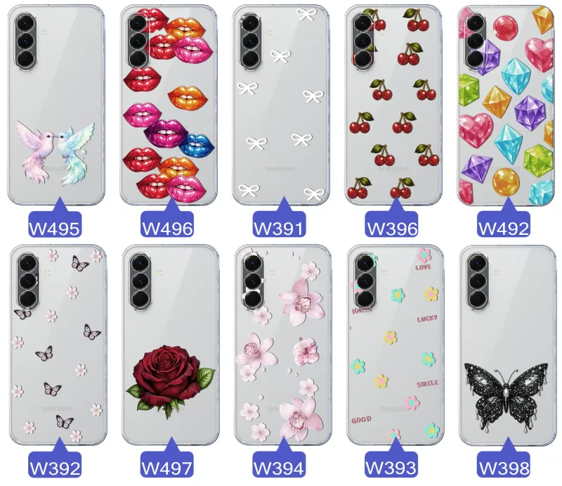 Różne kolorowe stylowe wzory na etui do Samsung Galaxy A56 5G: kwiaty, wiśnie, ptaszki, usta, kokardy